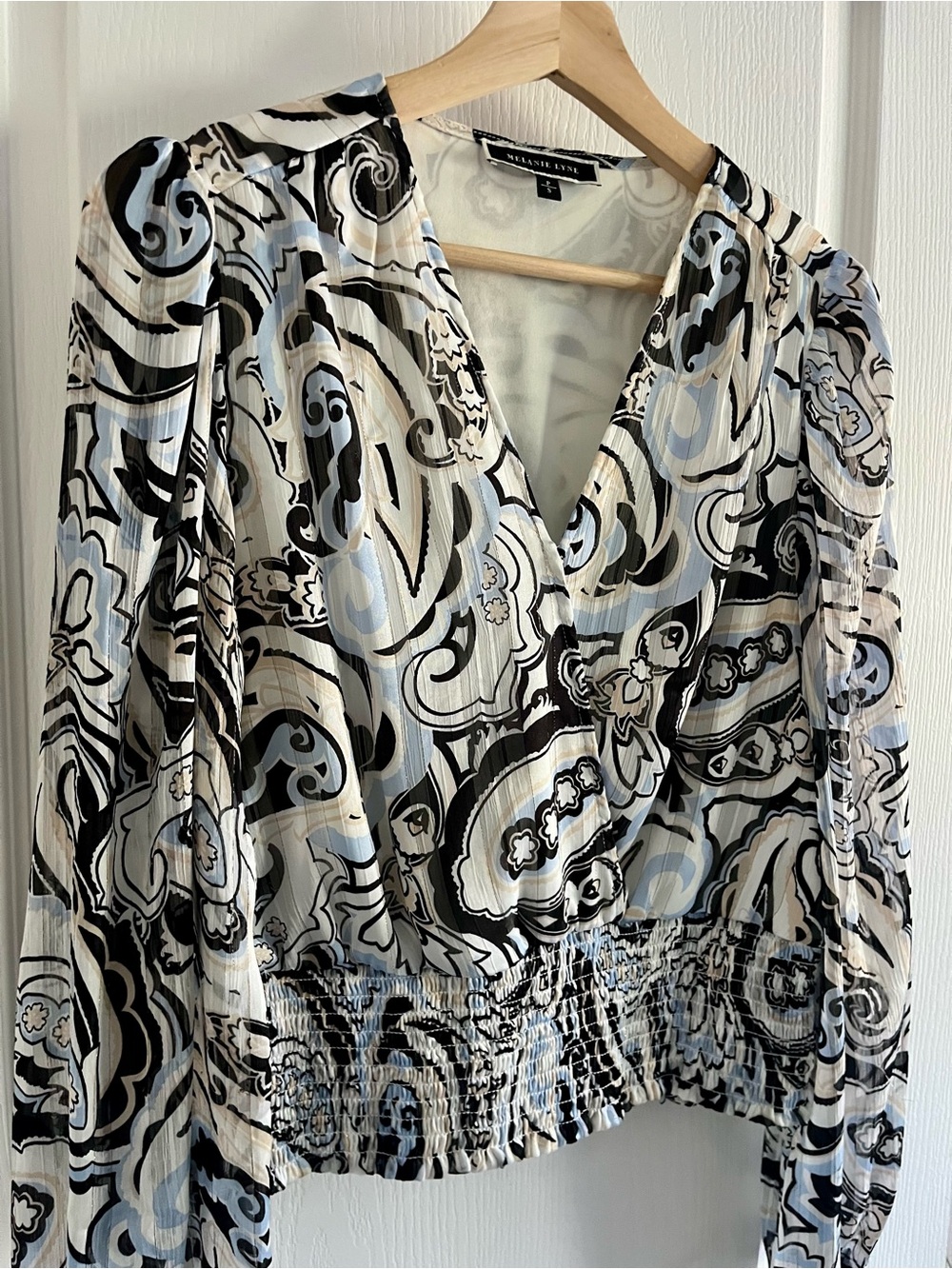 MELANIE LYNE  Sheer Paisley Smocked Blouse – Petite Small - Picture 2 of 13
